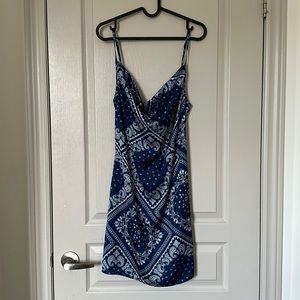 Cider Summer Vocation Blue Silk Graphic Printed Strapless Dress S Size